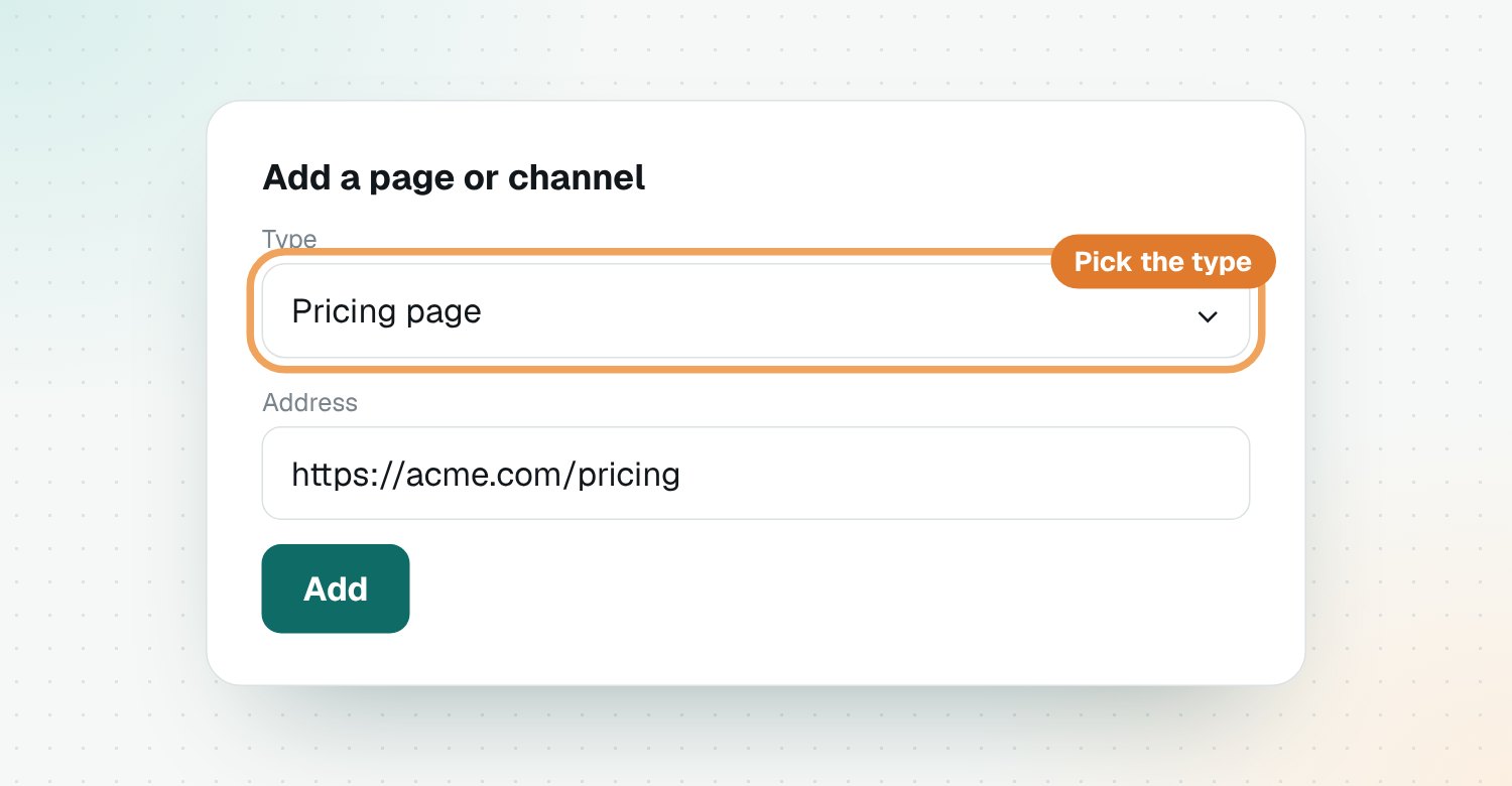 Add a page or channel: pick the type and paste the address
