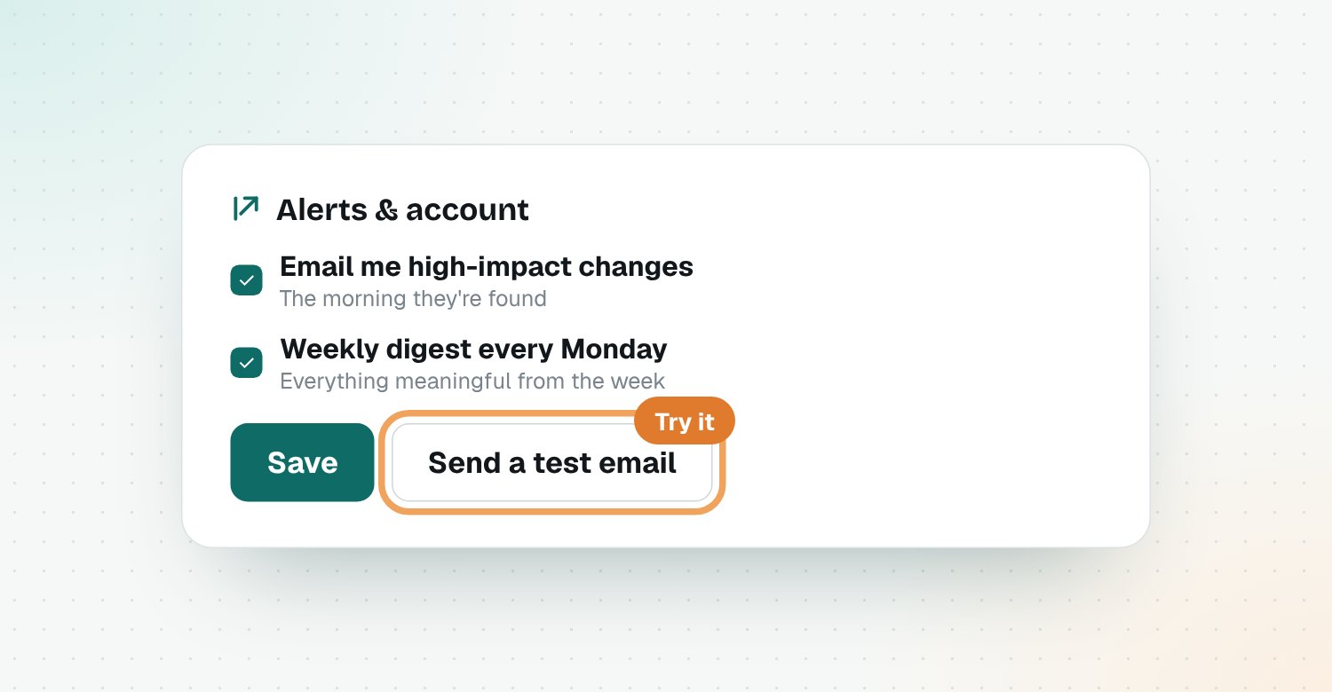 Email alert settings and the test button