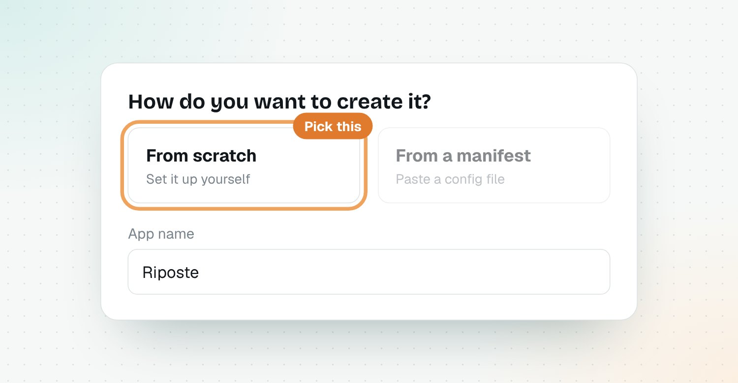 Create a Slack app from scratch named Riposte