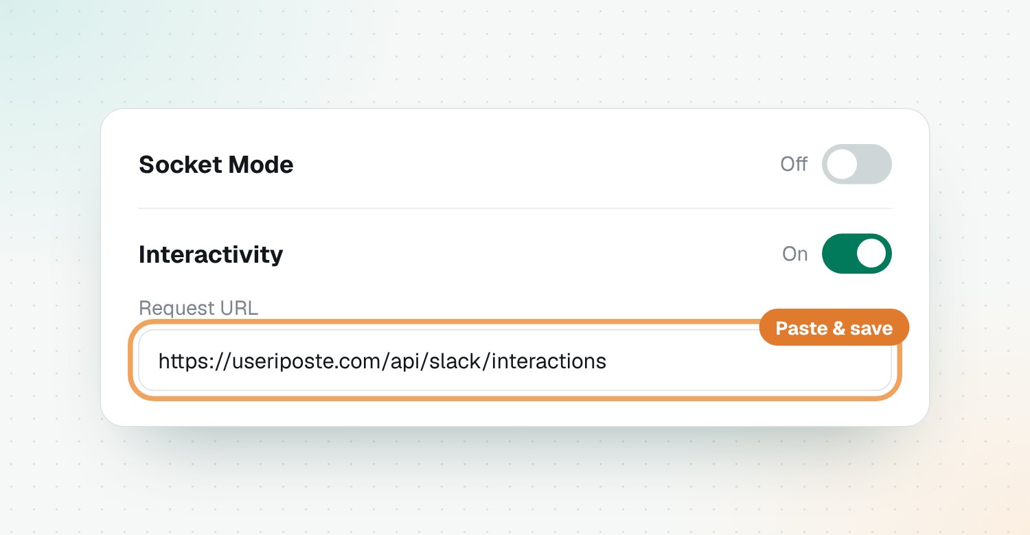 Socket Mode off, Interactivity on with Riposte's address